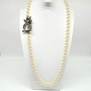 Heidi Daus Crystal Orchid Brooch Clasp 36" Opera Pearl Necklace 12mm Glass Pearl